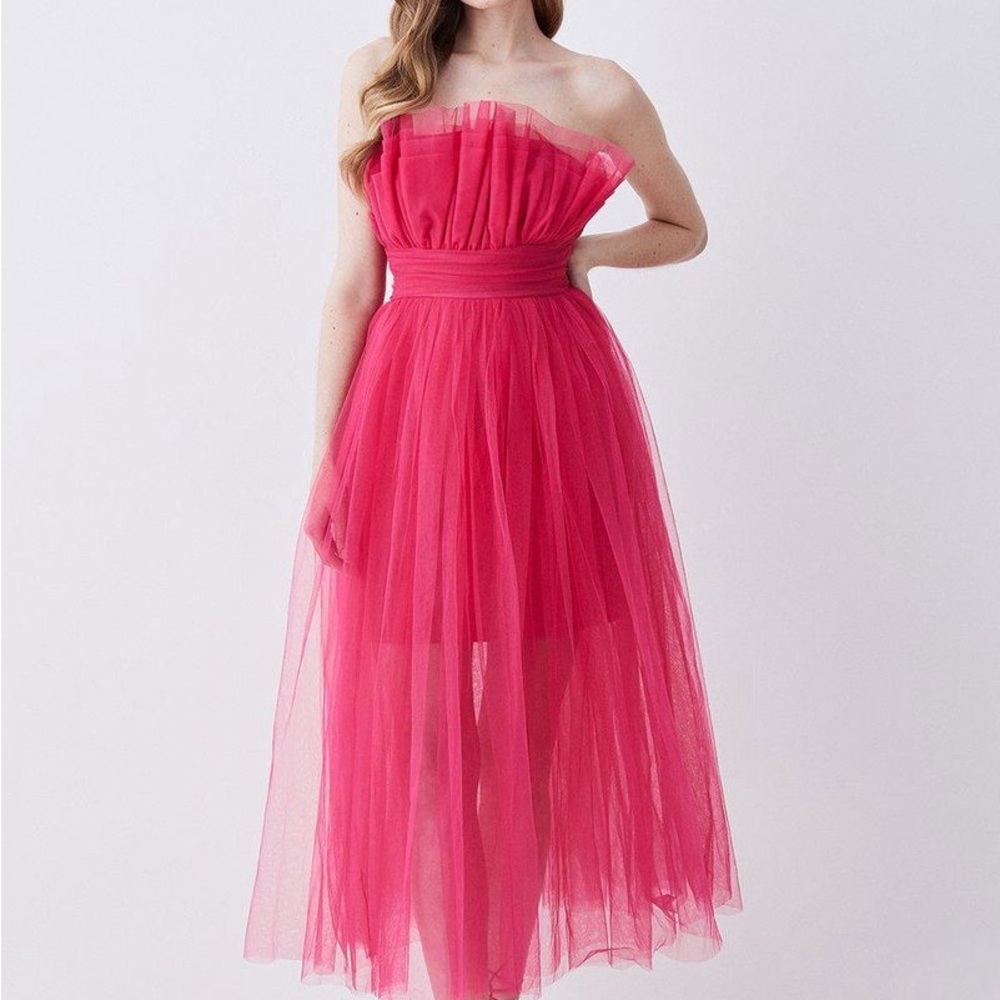 KAREN MILLEN Corseted Tulle Woven Hit Pink Midi Dress